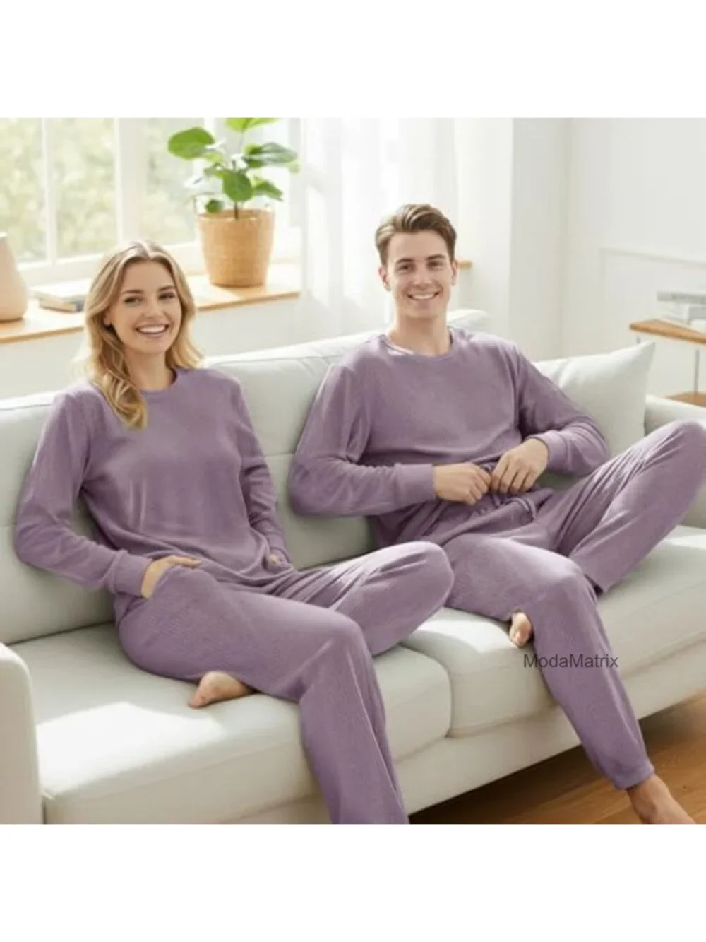 Ribbed Knit Matching Pajamas for Couples - Long Sleeve Top & Wide Pant